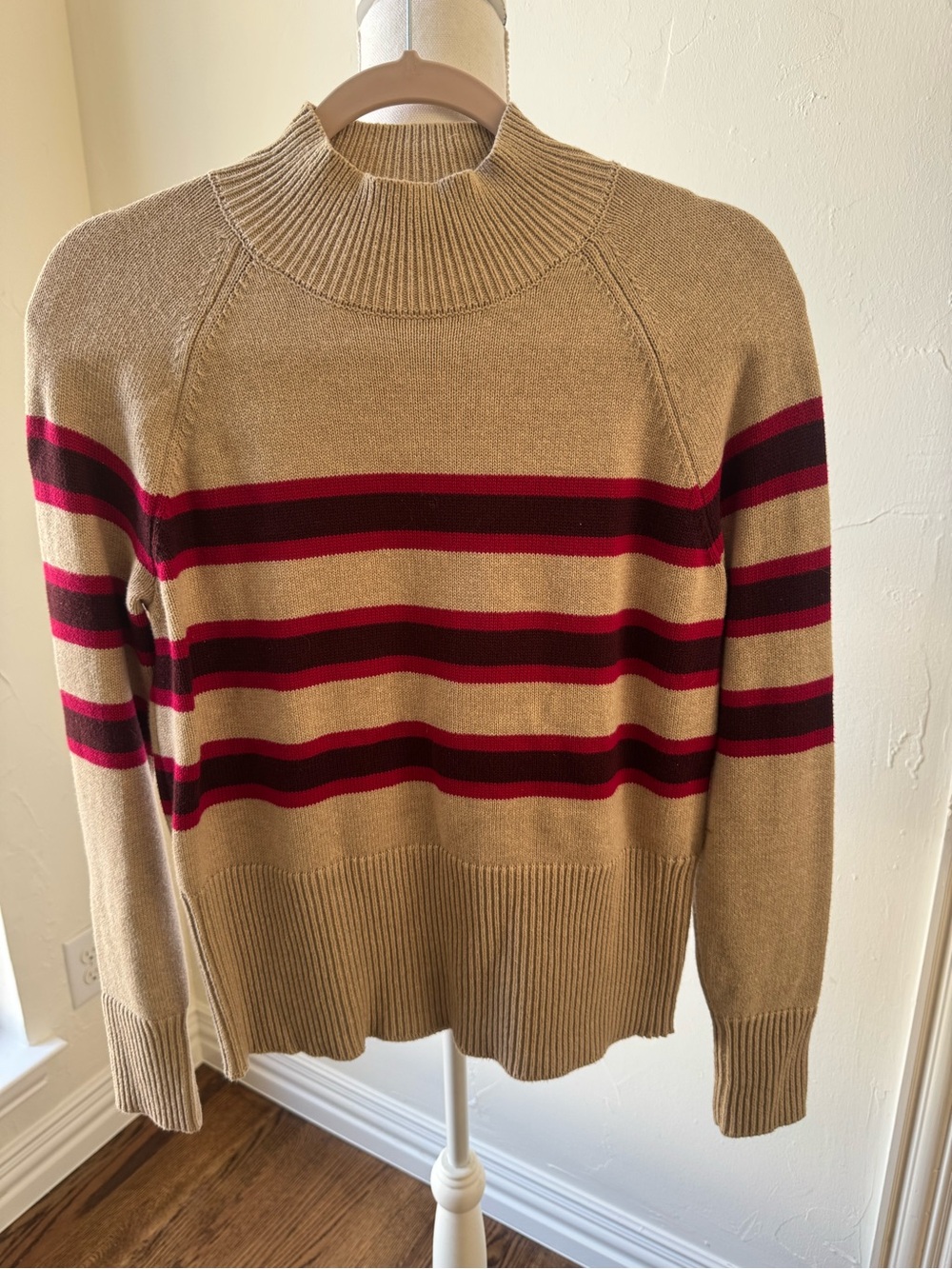 LOFT Tan striped mock neck Sweater with red,chocolate BrownStripes